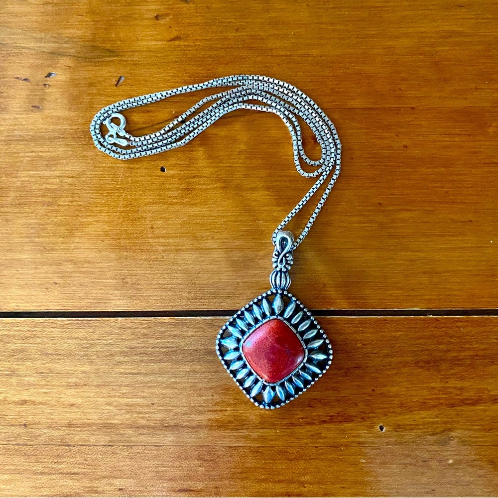 Vintage Carolyn Pollack Coral Flower Sterling Silver Pendant and 24” Chain